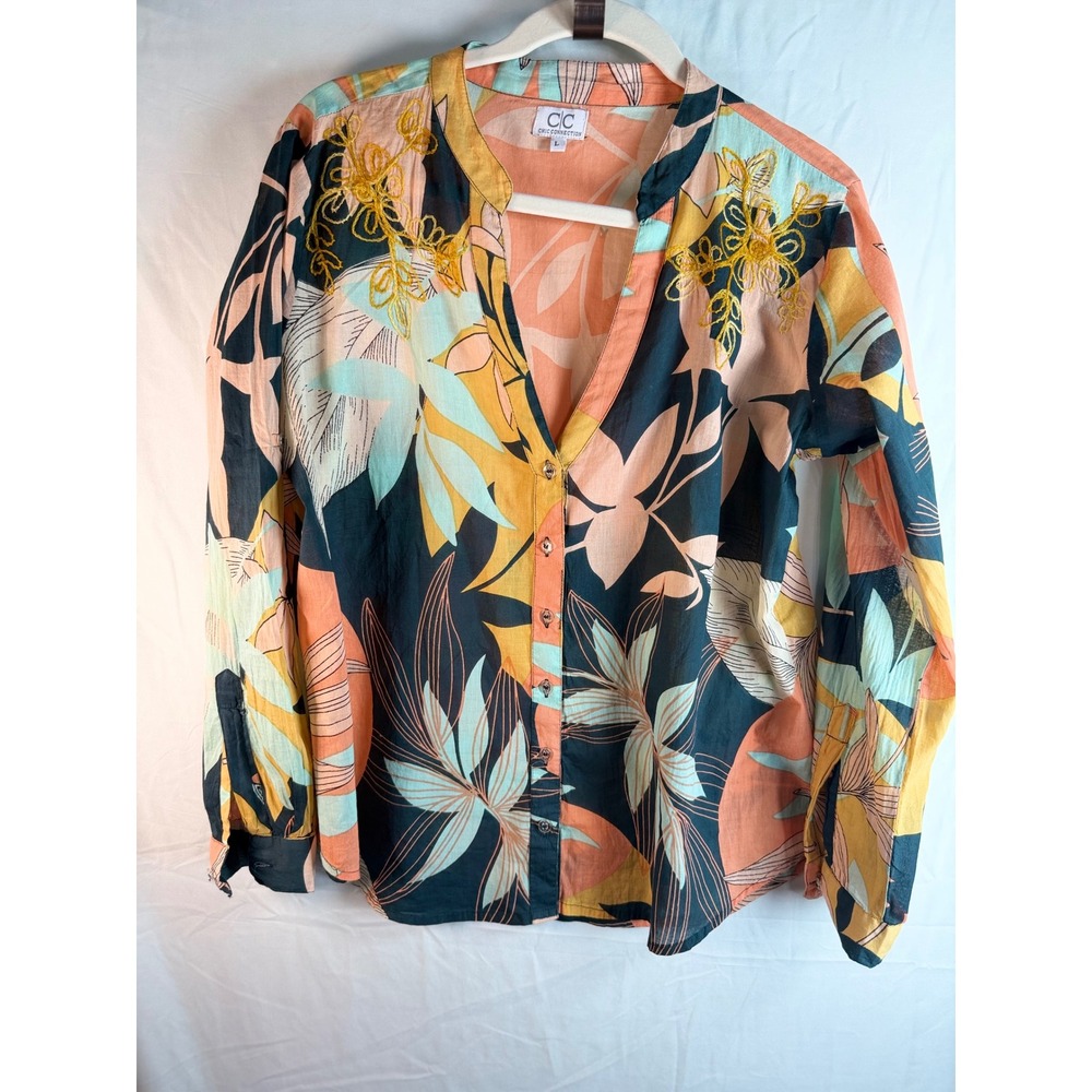 Chic Connection Womens L Cotton Tropical Floral Embroidered Button‎ Blouse Top